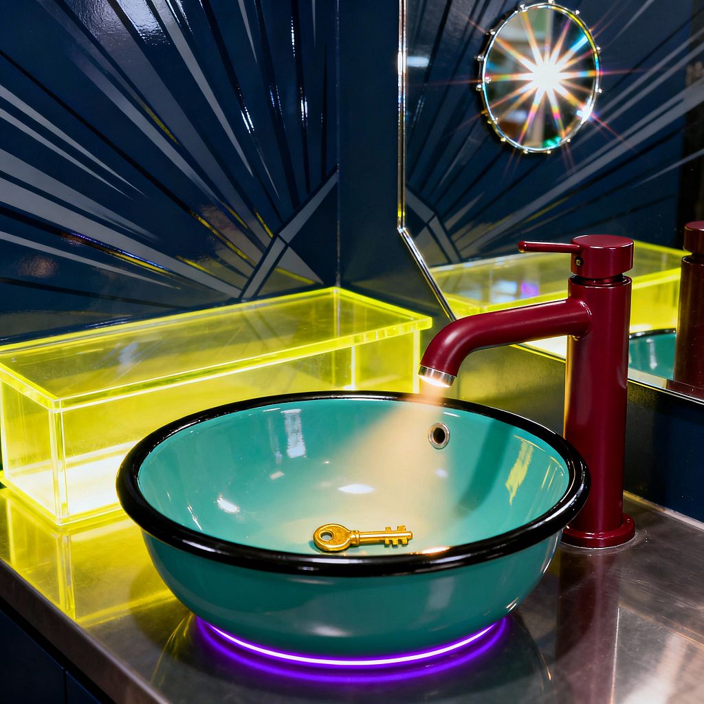 Close-up of a Pop Art-inspired bathroom vanity featuring a teal enameled vessel sink with a black rim set on a stainless-steel countertop, paired with a burgundy single-lever faucet. Glossy navy panels with a radiating starburst graphic meet at a mirrored corner with a small circular prismatic light, while a neon-yellow acrylic box and purple under-sink LEDs add glow; a small gold key rests inside the basin.