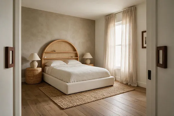 A serene bedroom features a low upholstered bed with white bedding and a curved cane headboard centered on a textured plaster accent wall. Matching wicker nightstands with cream lamps flank the bed, while a woven jute rug, light wood floors, and soft sheer curtains create a calm organic modern look.
