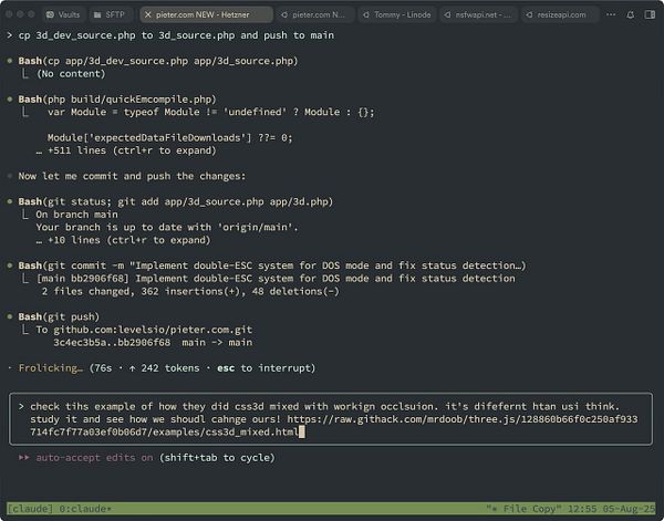 The image displays a terminal interface showing a series of Bash commands related to a project involving Three.js.