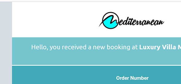 The image displays a notification about a new booking at a luxury villa.