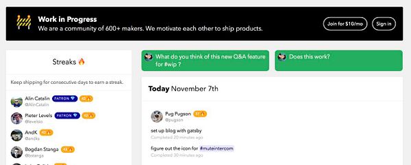 The image is a screenshot of a 'Work in Progress' homepage featuring a community and recent tasks section.
