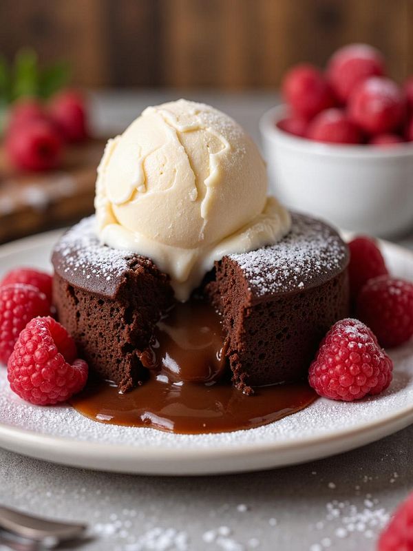A decadent chocolate lava cake topped with vanilla ice cream and fresh raspberries.