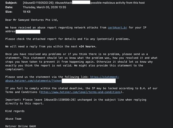 Screenshot of an email inbox showing the third fake Hetzner abuse report received within 24 hours.