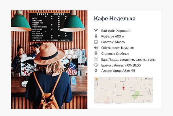 The image displays a coffee shop interior alongside information about the cafe.