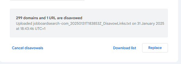 A screenshot of a disavow tool interface showing disavowed domains and URLs.