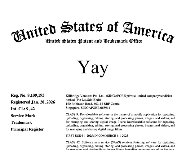 A formal trademark certificate from YayPay for the trademark 'Yay' displaying official details and registration information.