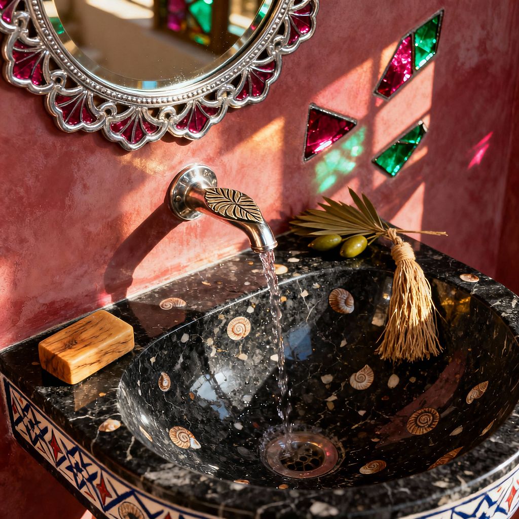 Close-up of a Moroccan-style bathroom sink with a silver-toned wall spout engraved with a leaf, pouring water into a black fossil-stone basin dotted with visible shell fossils. The counter edge features blue, white, and red geometric zellige tiles, and the wall is warm pink tadelakt with inset magenta and emerald stained-glass pieces. A scalloped metal-framed mirror and an olive-wood soap dish sit in sunlight casting colorful reflections.