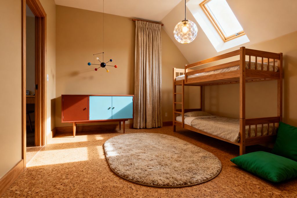 A kids’ room with a natural wood bunk bed stands to the right on cork flooring, anchored by an oval cream shag rug. Opposite, a low mid-century cabinet with terracotta and sky-blue sliding doors sits under an atomic mobile; a bubble-glass globe pendant hangs near a skylight in the sloped ceiling, while tan walls, oak trim, a full-length beige linen curtain, and a bright green floor cushion complete the warm, sunlit space.