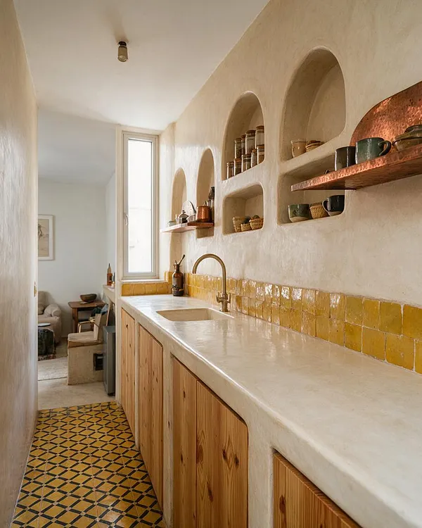 A narrow studio apartment kitchen with smooth plaster walls, built-in arched niches, and open wooden shelves displaying ceramics and jars. The space features a pale stone countertop, yellow handmade tile backsplash, brass faucet, wood cabinet fronts, and patterned geometric floor tiles leading toward a bright living area.