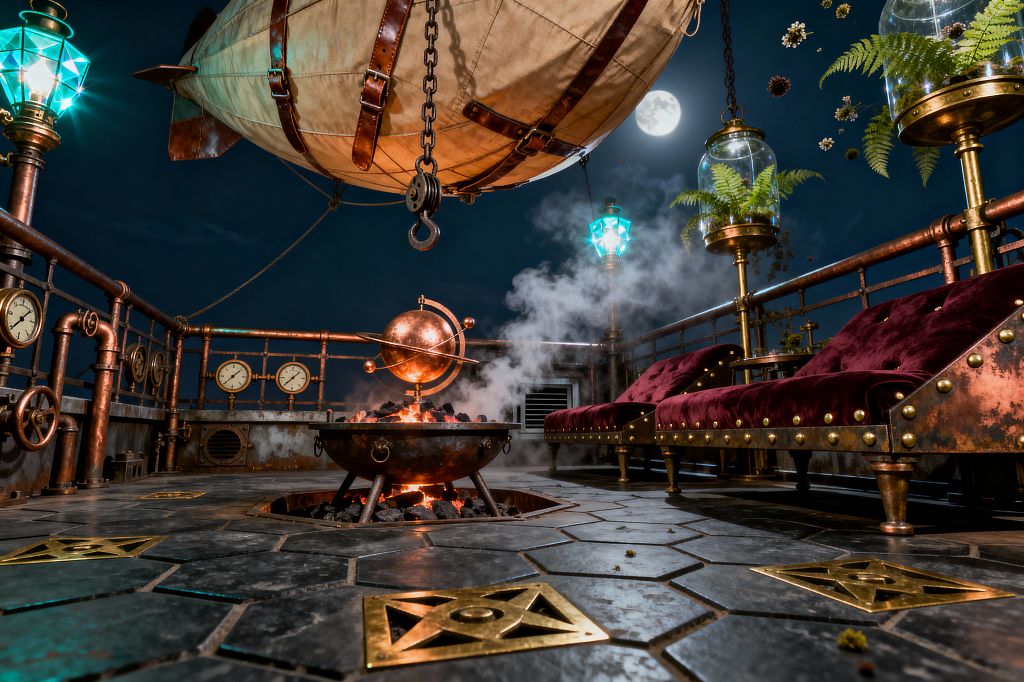 An outdoor steampunk deck at night features a central fire pit with a copper armillary sphere, surrounded by dark hexagonal stone tiles with brass inlays. Burgundy velvet chaise lounges with riveted brass bases sit along copper-pipe railings fitted with gauges, while teal gas-style lanterns and hanging glass terrariums glow beneath a suspended canvas zeppelin canopy under a bright moon.