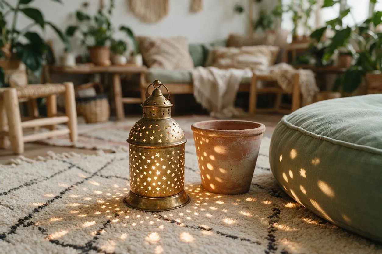 A cozy bohemian living room detail with a perforated brass lantern casting star-shaped light onto a patterned rug. A terracotta pot sits beside a sage green floor cushion, with layered natural wood furniture, woven textures, and leafy plants in the softly blurred background.