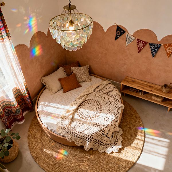 A sunlit bohemian kids’ room features a round floor bed in a low wooden frame topped with a cream crocheted throw and mixed pillows, beneath a capiz shell chandelier that scatters rainbow reflections. Scalloped terracotta walls meet white paint above a circular jute rug on a light concrete floor, with a natural-wood low shelf, sheer patterned curtains, a potted basket, and colorful bunting.