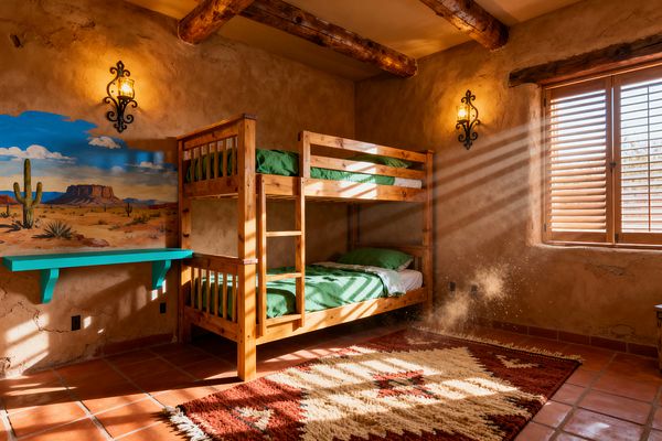 A children’s bedroom in Southwestern style features a wooden bunk bed with green bedding against textured adobe walls. A hand-painted desert mural with cacti and mesas sits beside a turquoise floating shelf. Terracotta floor tiles support a rust-and-cream geometric rug. Exposed ceiling beams and wooden shutters filter sunbeams across the room, while two wrought-iron wall sconces with lantern glass add warm ambient light.