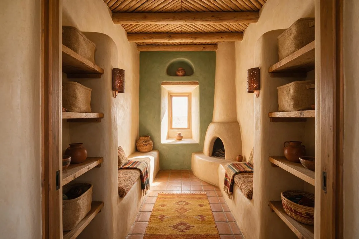 A narrow Southwestern-style closet with curved adobe walls, open wooden shelves, and built-in benches upholstered in woven textiles. Terracotta floor tiles, a small central window, exposed wood ceiling beams, and a stucco fireplace niche create a warm rustic atmosphere.