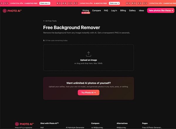 Screenshot of a free background removal tool's interface showing image upload, preview, and background removal options.