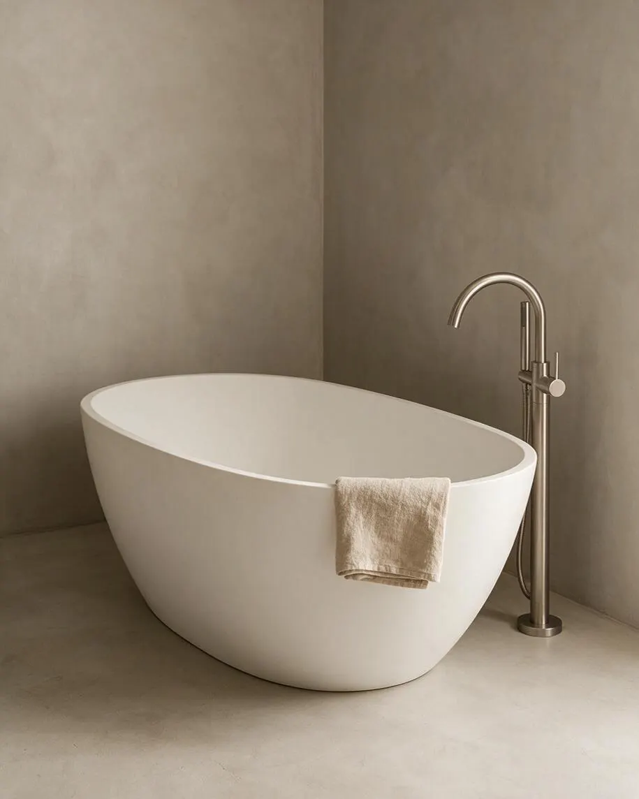A serene minimalist bathroom vignette with a freestanding oval white soaking tub centered against soft beige walls. A brushed metal floor-mounted tub filler stands beside the tub, and a folded light beige towel hangs over the rim, reinforcing the calm neutral palette.