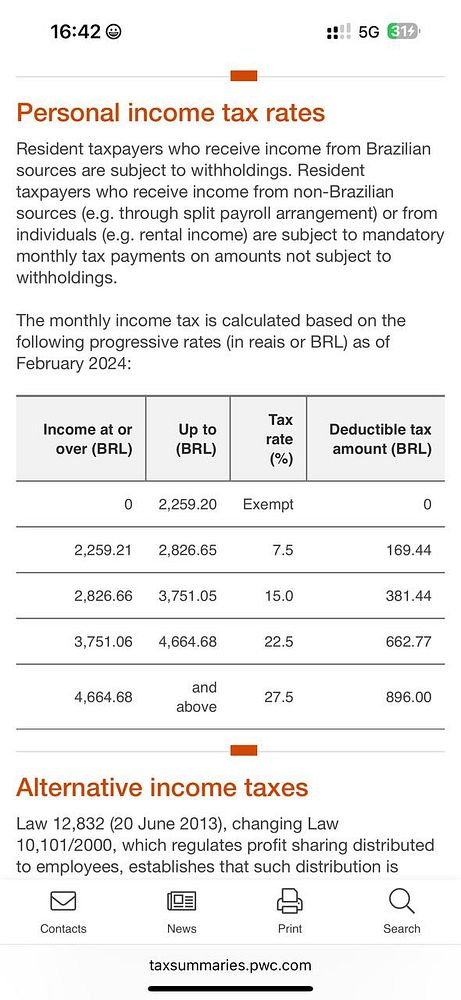 The image displays a mobile interface showing personal income tax rates in Brazil.