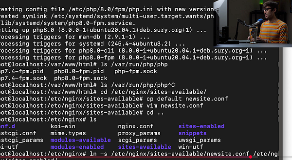 A terminal window displaying commands and outputs related to configuring PHP and NGINX on a server.