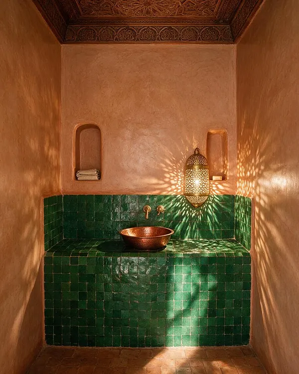 A narrow powder room with warm plaster walls, an ornate carved ceiling, and a built-in vanity wrapped in glossy green square tiles. A copper bowl sink sits beneath brass wall fixtures, while a pierced lantern casts decorative light patterns across the walls.