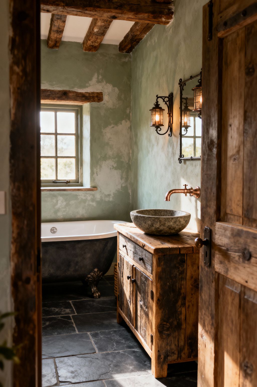 A rustic bathroom features sage green limewashed plaster walls, rough-hewn ceiling beams, and a weathered wood door opening to a reclaimed wood vanity with a round stone vessel sink and a wall-mounted copper faucet. To the left sits a blackened clawfoot tub with a white interior, set on charcoal slate tiles; wrought-iron lantern sconces with glass shades flank a mirror, while a small-paned window with a timber lintel brings in warm natural light.