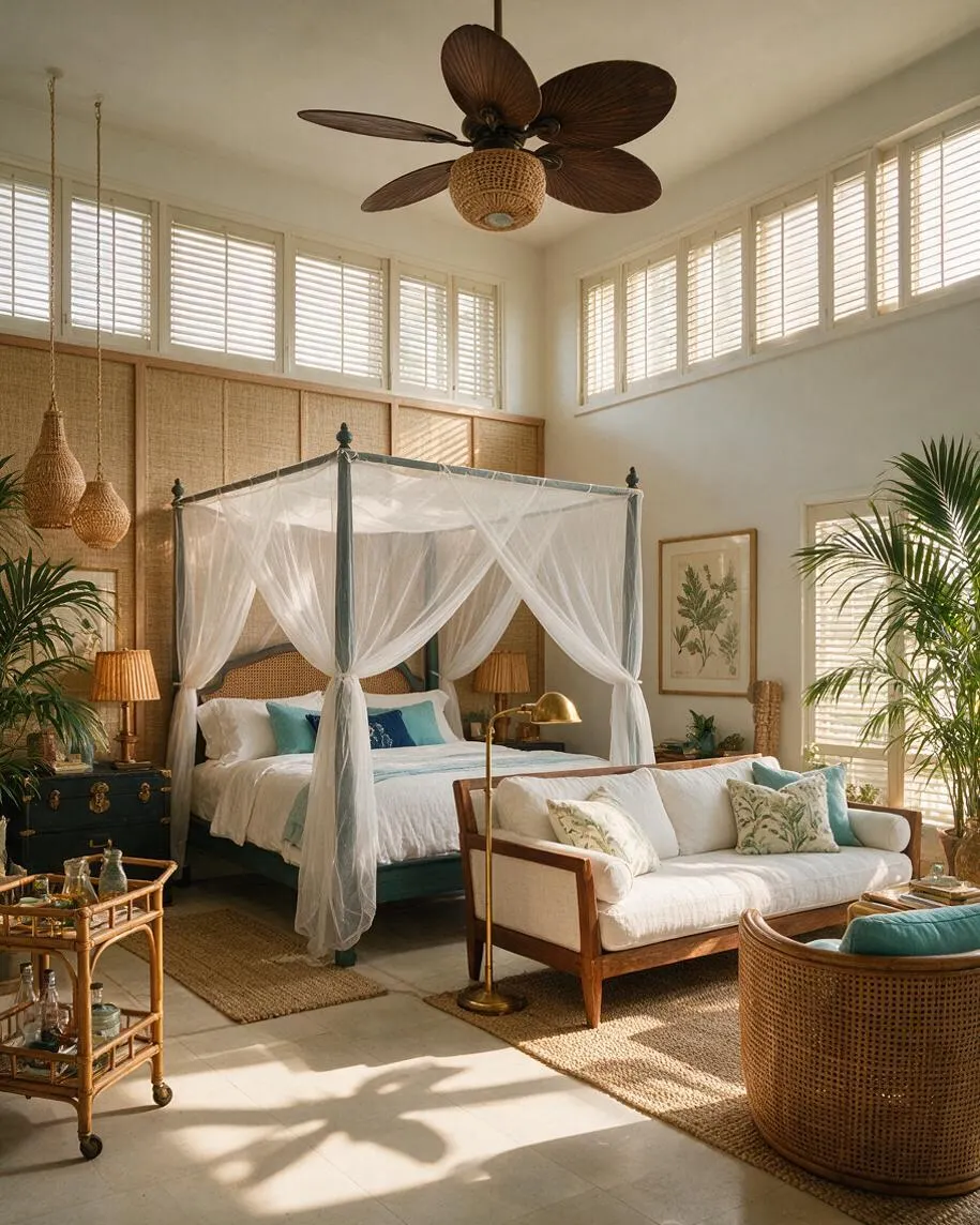 A bright tropical-style studio apartment with a four-poster bed draped in sheer white canopy fabric, woven wall panels, and tall plantation shutters. The space includes a white sofa with wood framing, rattan furniture, brass lamps, large potted palms, and a ceiling fan with leaf-shaped blades.