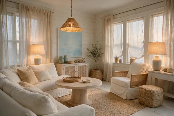 A bright coastal-style game room with cream slipcovered sofas, a woven pendant light, and sheer curtains filtering sunlight through large windows. The room features light wood furniture, natural fiber rugs and poufs, rattan accents, soft blue decor, and a relaxed neutral palette.
