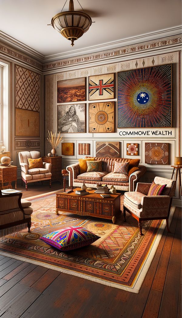 An interior space featuring a blend of influences from various Commonwealth countries, such as British colonial furniture, Australian Aboriginal art, and textiles from India.