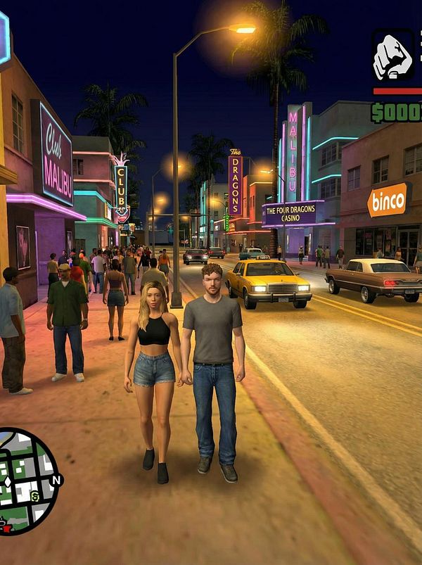 A vibrant nighttime scene from a video game resembling the Grand Theft Auto style, featuring two characters walking hand in hand on a busy street.