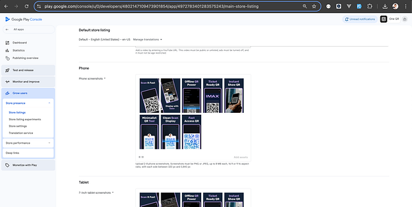 The image displays a section of the Google Play Console for managing app store listings.