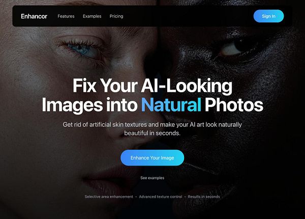 The image features a promotional webpage for an AI skin enhancement tool.