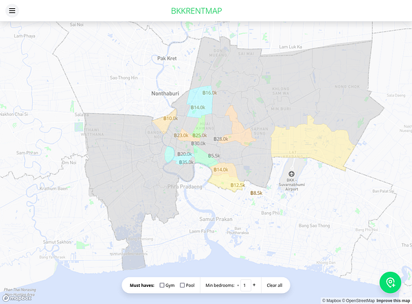 A detailed map of Bangkok showing various districts with rental price indicators.