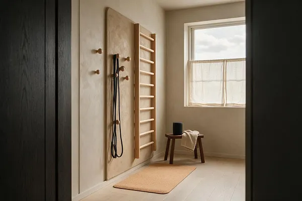 A calm Japandi-style home gym with pale walls, a light wood wall ladder, hanging resistance straps, and a small cork mat on a light floor. A simple wooden stool sits by a sunlit window with sheer curtains, creating a soft, natural atmosphere.