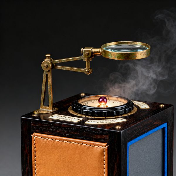 A close-up of a steampunk device shows an articulated, patinated brass arm holding a round magnifying glass above a glowing gauge set into a dark wood cube. A small purple orb sits at the center of the dial as wisps of vapor rise nearby. The box features cognac leather with visible stitching, engraved labels, a knurled black ring, and a cobalt-trimmed gray fabric side panel, all against a dark background.