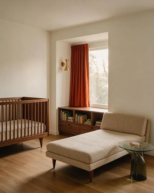 A serene nursery with a walnut crib on the left, a textured beige chaise lounge in the foreground, and a low wood storage unit beneath a window. Rust-orange curtains and a brass wall sconce add mid-century character, while natural wood floors and soft neutral walls create a calm, sunlit atmosphere.