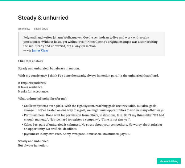 A reflective blog post discussing the concept of being steady and unhurried in life and work.