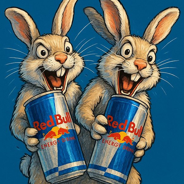 Two cartoon rabbits excitedly hold cans of Red Bull energy drink.