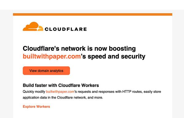 The image is an email notification from Cloudflare regarding the website builtwithpaper.com.