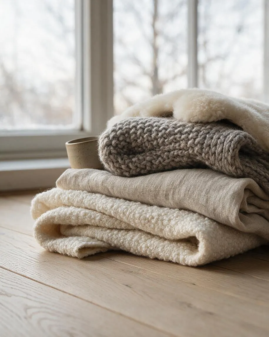 A stack of folded cozy textiles rests on a light wood floor beside a bright window. The fabrics include a chunky knit throw, a smooth linen-like blanket, and a cream boucle piece in soft beige and ivory tones.