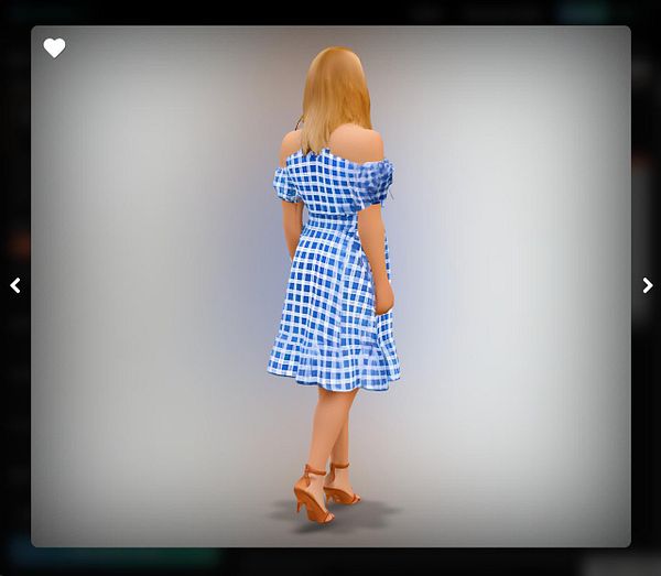 A 3D model of a woman in a blue and white checkered dress is displayed against a blurred background.