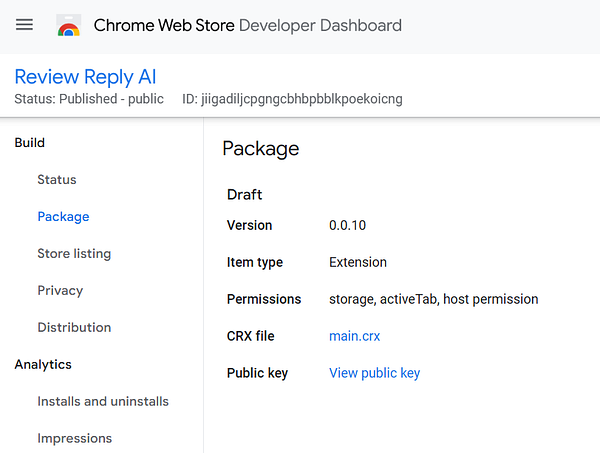 The image displays the Chrome Web Store Developer Dashboard for the 'Review Reply AI' extension.