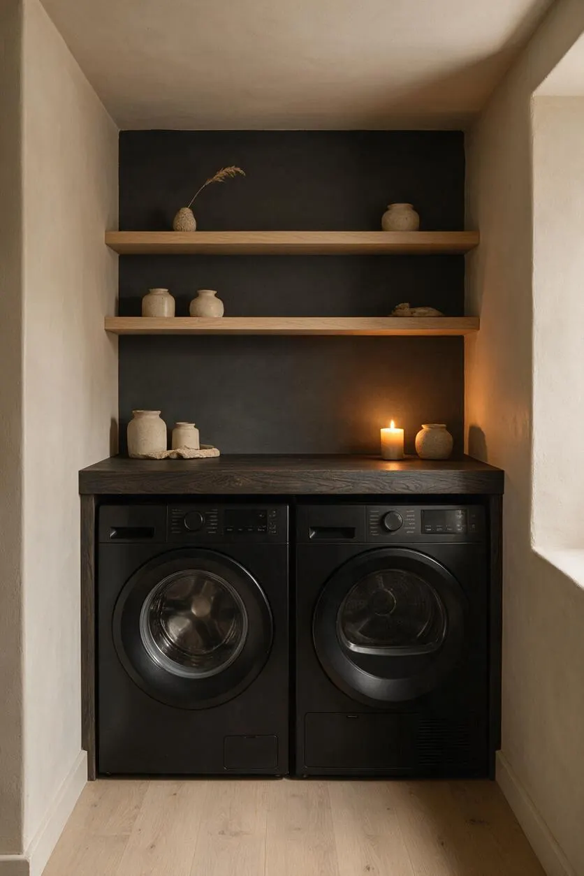 A compact laundry room in Japandi style with two black front-loading machines tucked beneath a dark wood countertop. Open wooden shelves above hold small ceramic vessels and a lit candle against a deep charcoal back panel, framed by soft beige walls and pale wood flooring.