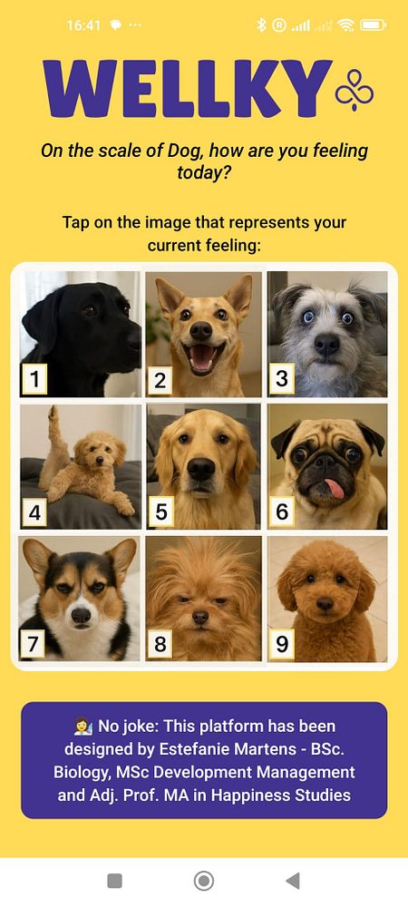 A colorful mobile interface featuring a grid of dog images for a mood assessment.