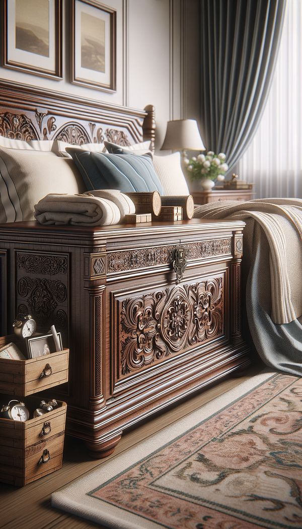 A beautifully crafted wooden hope chest placed at the end of a bed, filled with linens and keepsakes, embodying a sense of tradition and sentimentality.