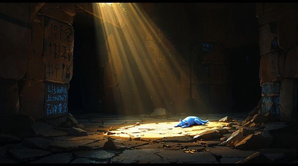 A blue cat lies in a dimly lit ancient chamber illuminated by beams of light.
