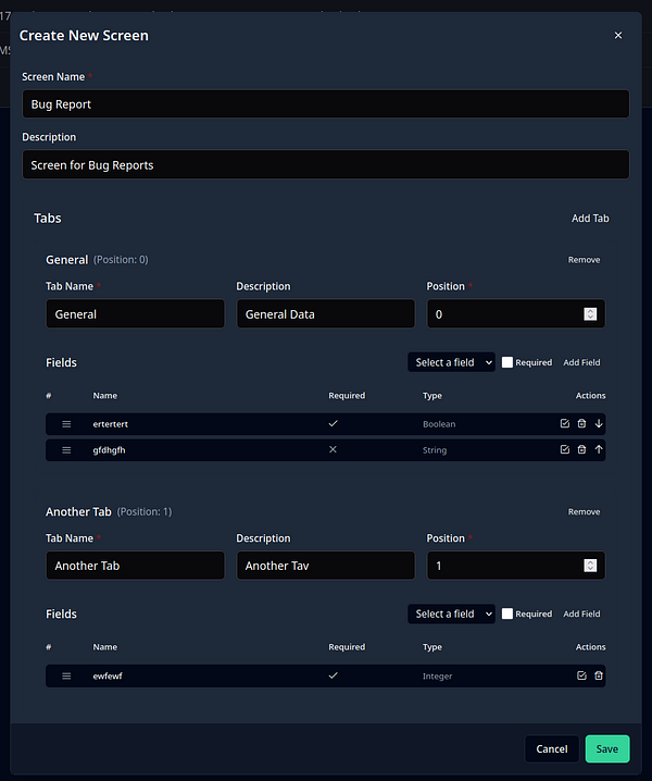 The image displays a user interface for creating a new screen for bug reports.