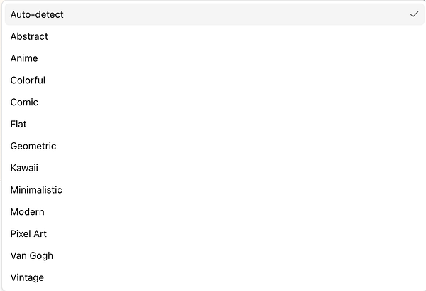 A dropdown menu displaying various visual style options for generating OG images.