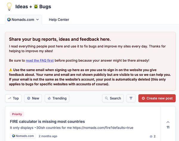 The image displays a user interface for submitting bug reports and feedback on the Nomads.com Help Center.