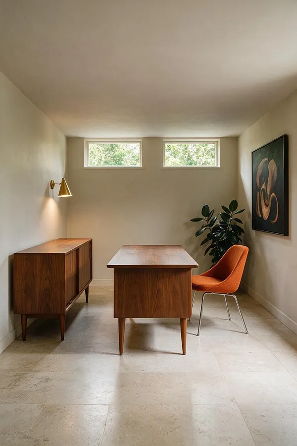 A minimalist basement room styled in mid-century modern design, with a walnut desk centered on a light stone floor, a matching side cabinet on the left, and an orange upholstered chair on the right. Cream walls, two small horizontal windows, a brass wall sconce, a leafy plant, and framed abstract art complete the calm, retro-inspired space.
