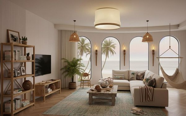 A stylish Surf Shack-inspired living room with ocean views and tropical decor.