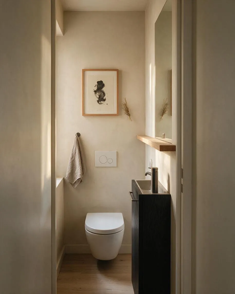 A narrow powder room in Japandi style with warm beige walls, a wall-hung white toilet, and a dark wood vanity with a small rectangular sink and matte black faucet. A wood-framed abstract artwork, a simple towel hook with a linen hand towel, and a slim wood shelf with a mirror add natural warmth and minimal texture.